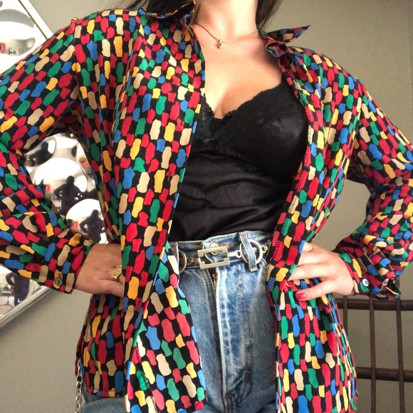 Vintage Multicolor Print Button Down Medium - Picture 2 of 8